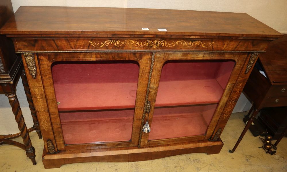 A Victorian walnut and ormolu mounted inlaid side cabinet, W.140cm, D.36cm, H.103cm